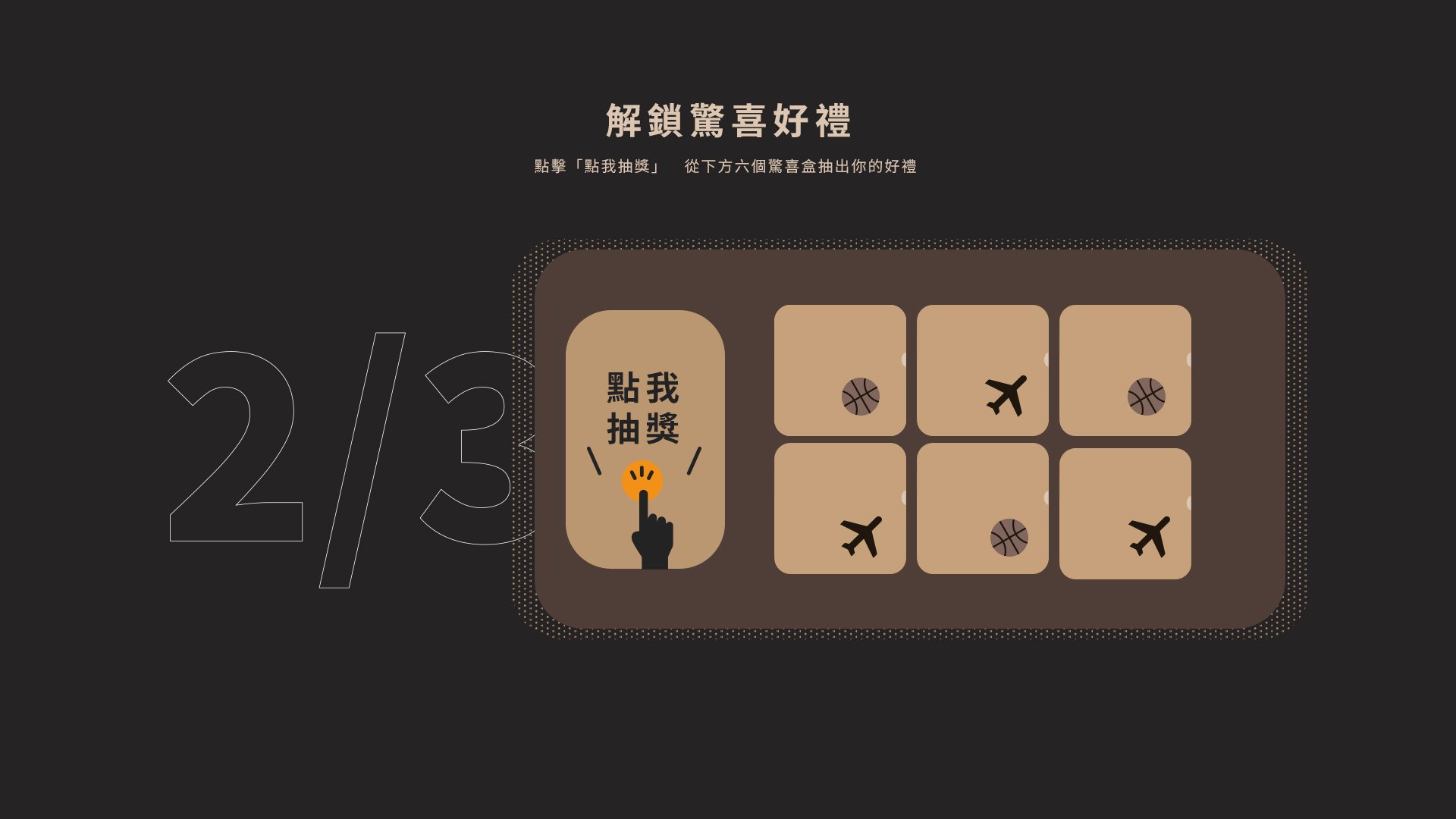 Step 2 of 3: a 點我抽獎 button beside six closed gift boxes