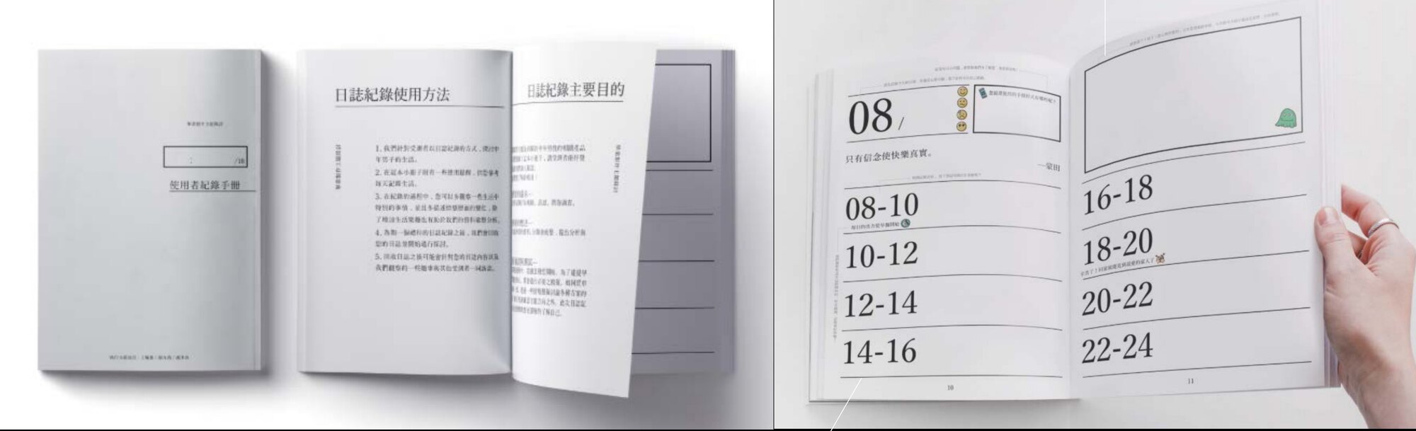 The printed diary booklet, with pages divided into two-hour slots