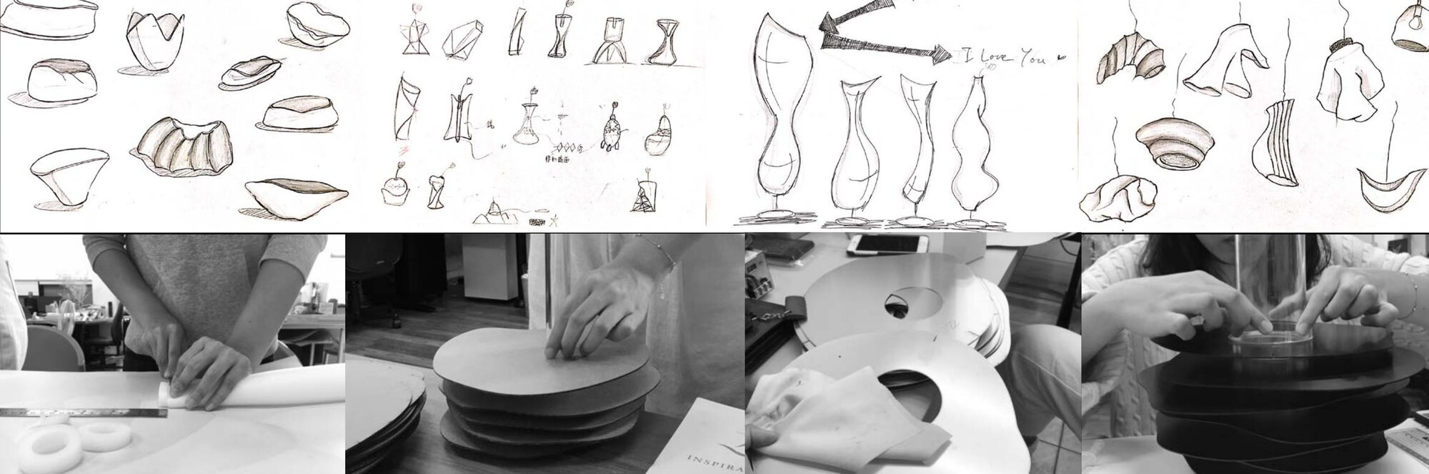 Form sketches, and hands building layered paper and metal prototypes