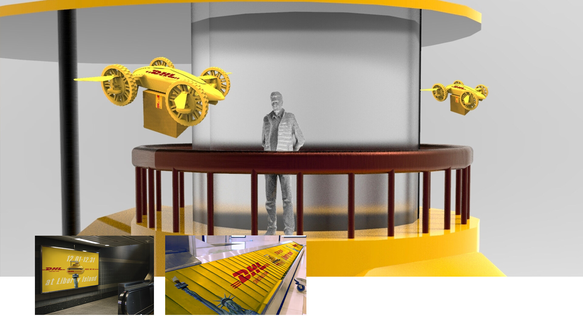 3D render of the rooftop: delivery drones around a viewing deck, with ad placements in a station and on a baggage belt