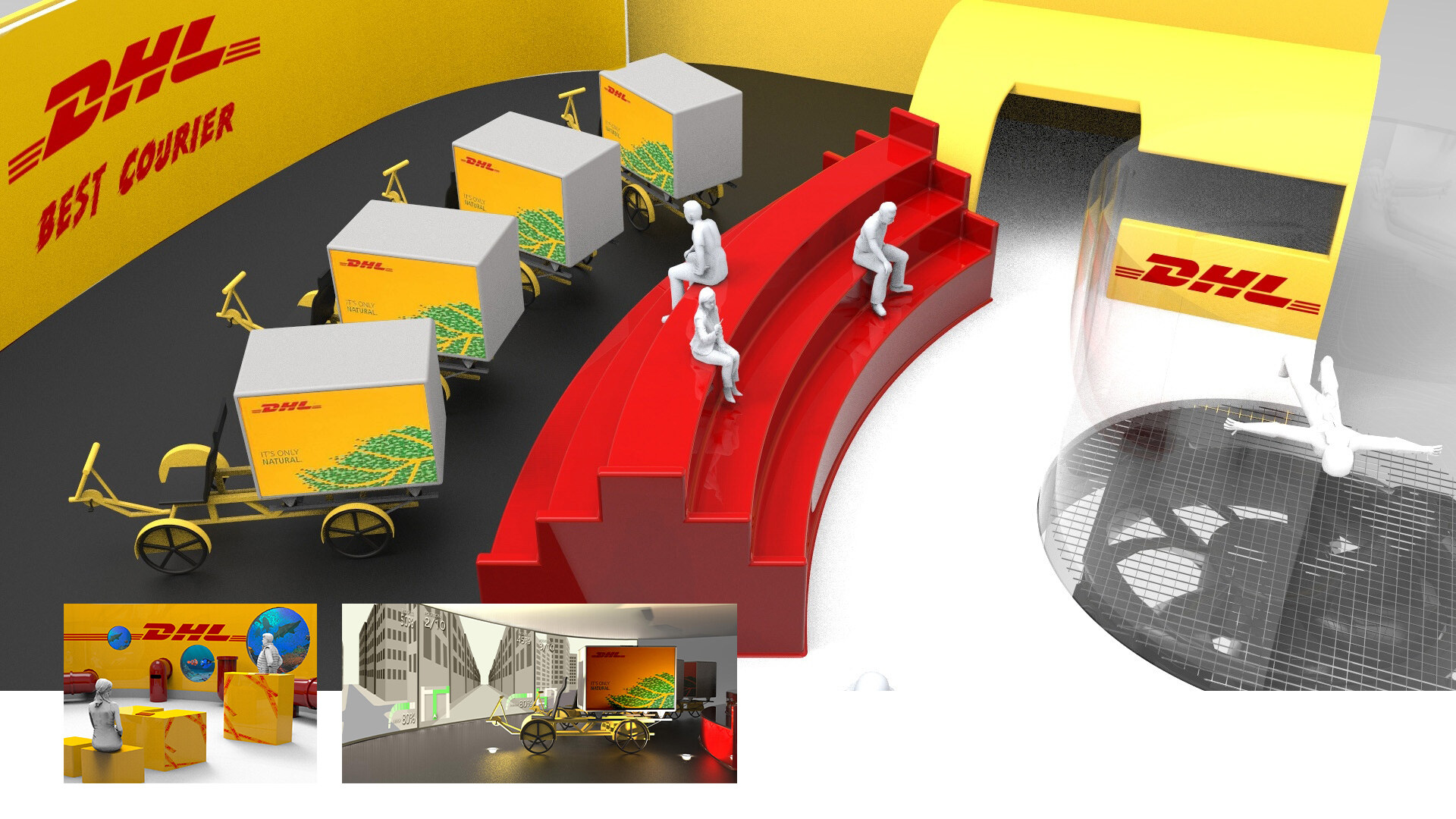 3D render of the basement floor: cargo bikes, red stepped seating and a vertical wind tunnel