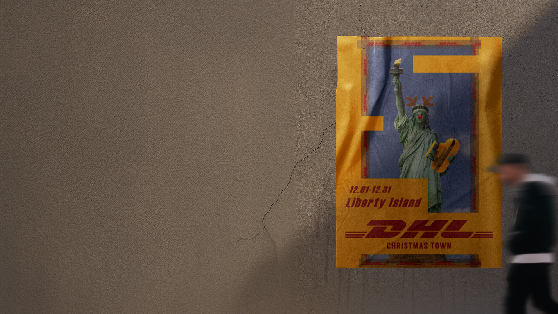 DHL Christmas Town poster for Liberty Island, pasted on a wall