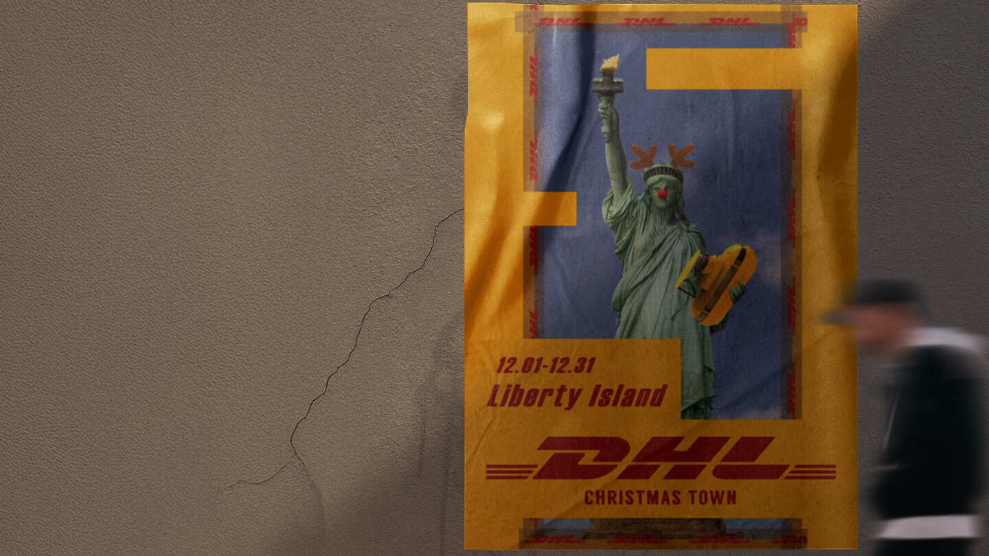 DHL Christmas Town poster on a wall