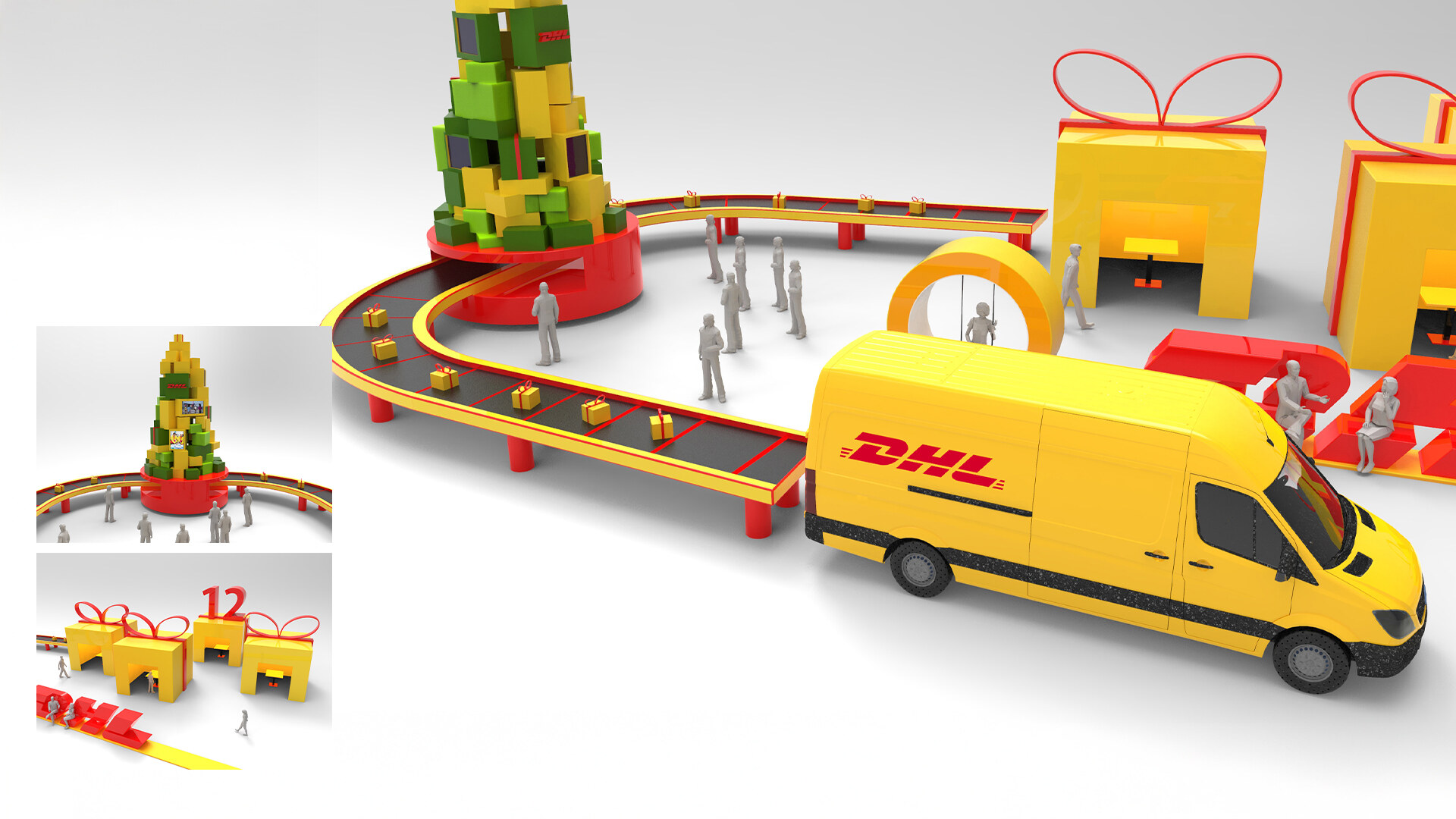 3D render of the Christmas Village: a gift conveyor circling a tree, gift-box rooms and a DHL van