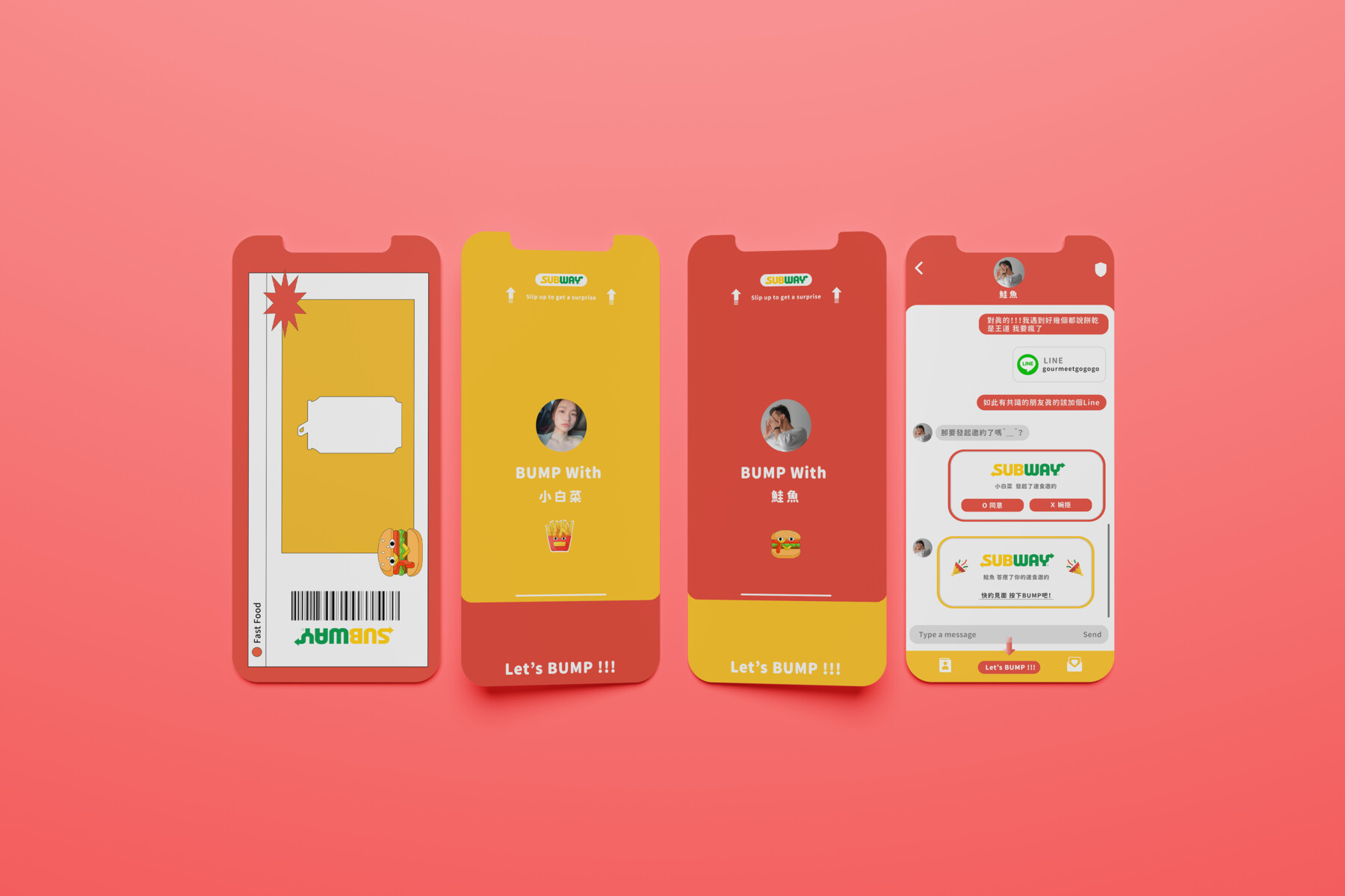 Four screens: a food coupon, two BUMP invitation screens and a chat with a date invite