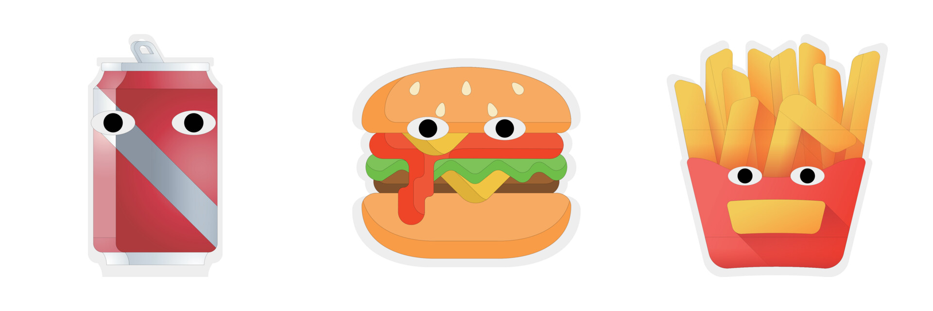 Three Gourmeet characters: a soda can, a burger and a box of fries, each with eyes