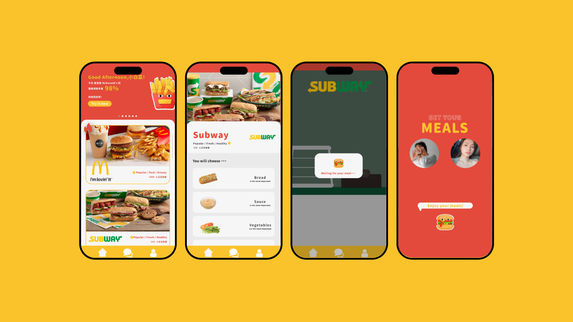 Four screens: home feed, Subway menu, waiting for a match, and the match result