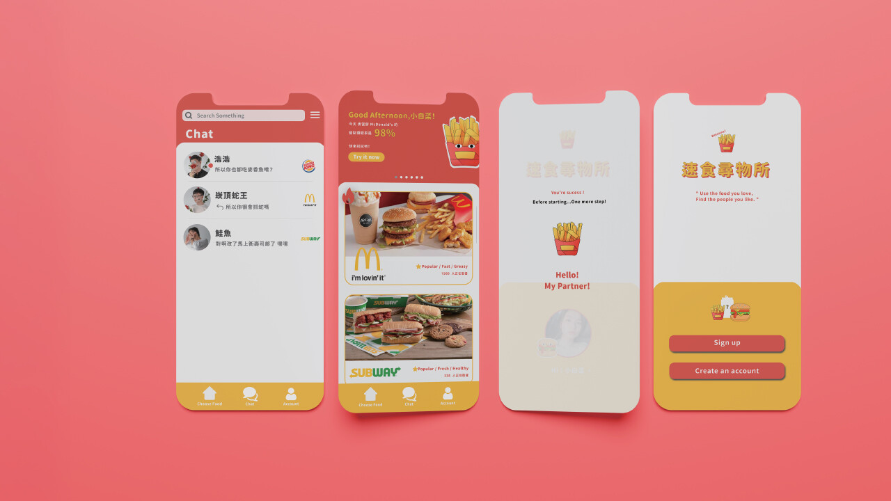 Four Gourmeet app screens on a coral background