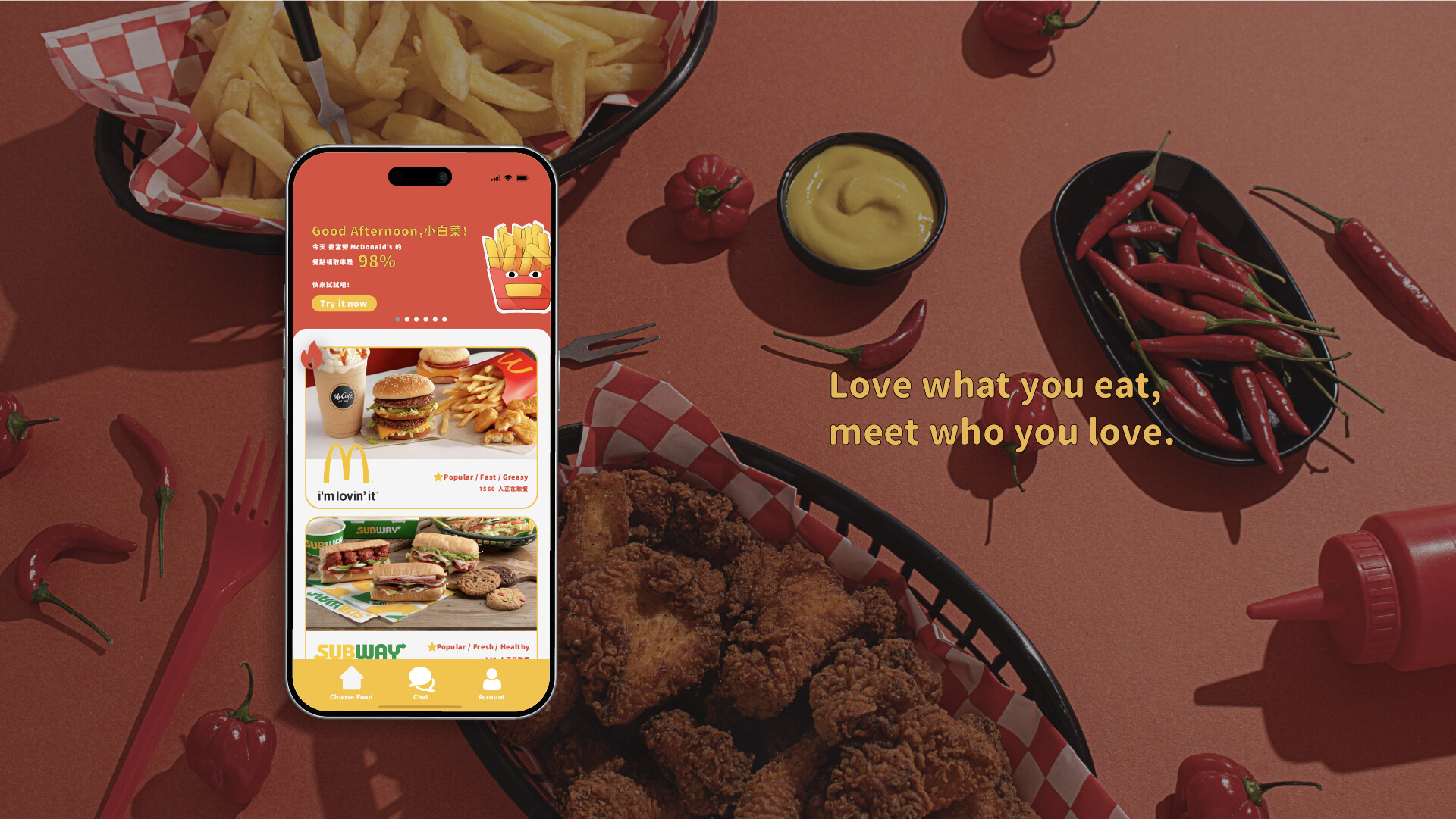 The Gourmeet home screen on a phone, set among fries and chili peppers, with the tagline