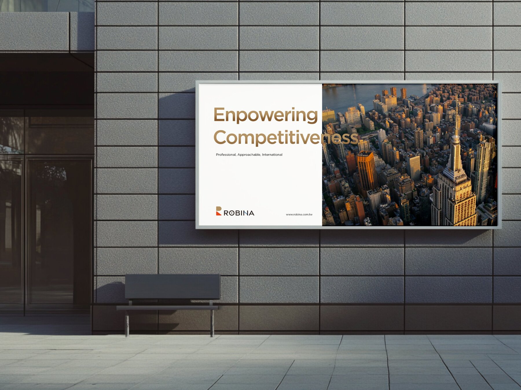 ROBINA outdoor billboard with the tagline and a city photo