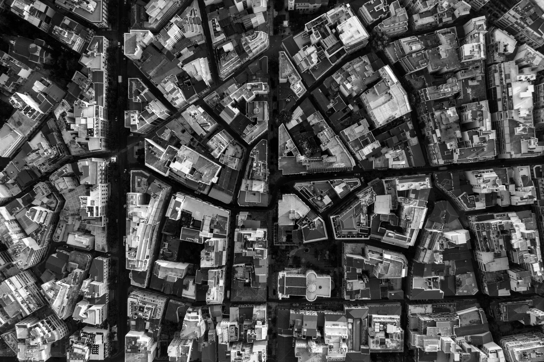 Black and white aerial photo of city blocks