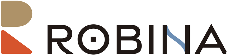 The new ROBINA logo: a gold and orange R mark beside a geometric sans wordmark